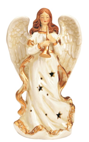 Dekofigur Engel mit Flöte weiß & gold H18cm