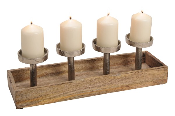 Advents-Kerzenhalter silber auf Holztablett 41 cm