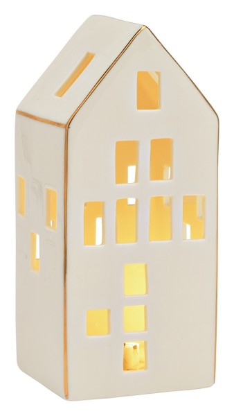 LED Deko-Haus weiß mit Goldkontur H17cm