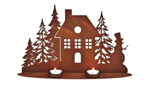 Teelichthalter Haus mit Schneemann Rost braun Länge 28cm