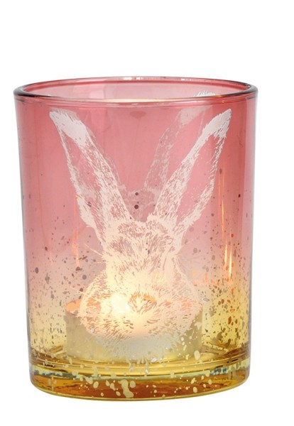Großes Teelichtglas Hase rosa Ø 10cm H 13cm