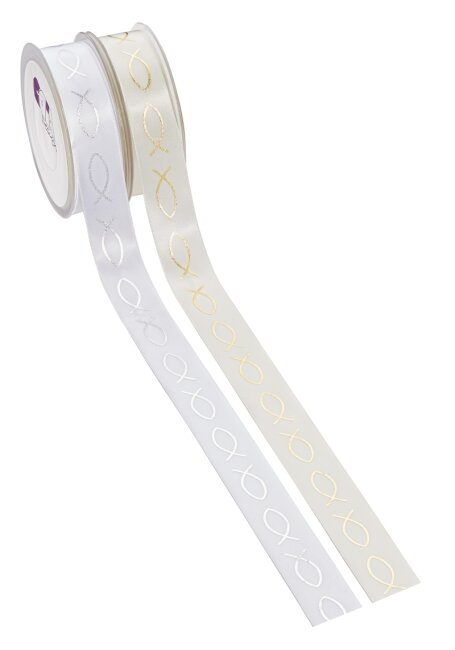 Schleifenband christliche Fische 2 Varianten Geschenkband mit Fischen 2 Varianten creme &amp; gold