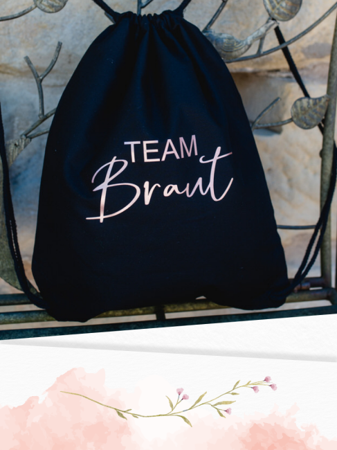 JGA Turnbeutel TEAM BRAUT + BRAUT rosegold  Schwarz TEAM BRAUT