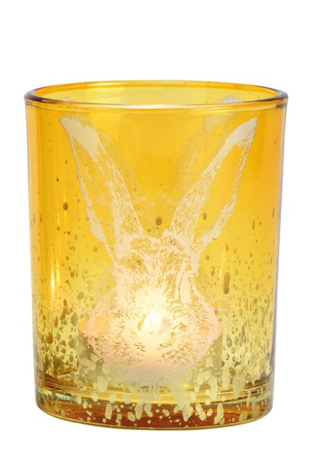 Gro&szlig;es Teelichtglas Hase gelb &Oslash; 10cm H 13cm