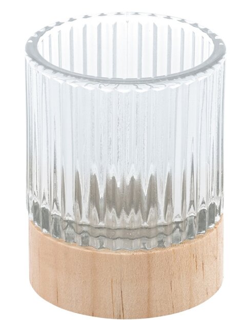 Windlicht aus Glas transparent mit Holzsockel