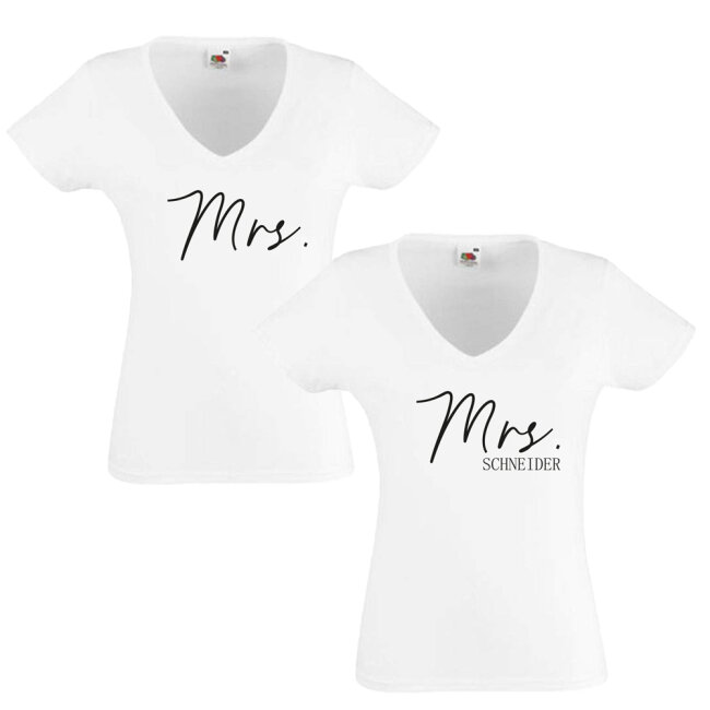 Partner T-Shirts Mrs. &amp; Mrs. mit Namen S (Small) M (Medium) gold