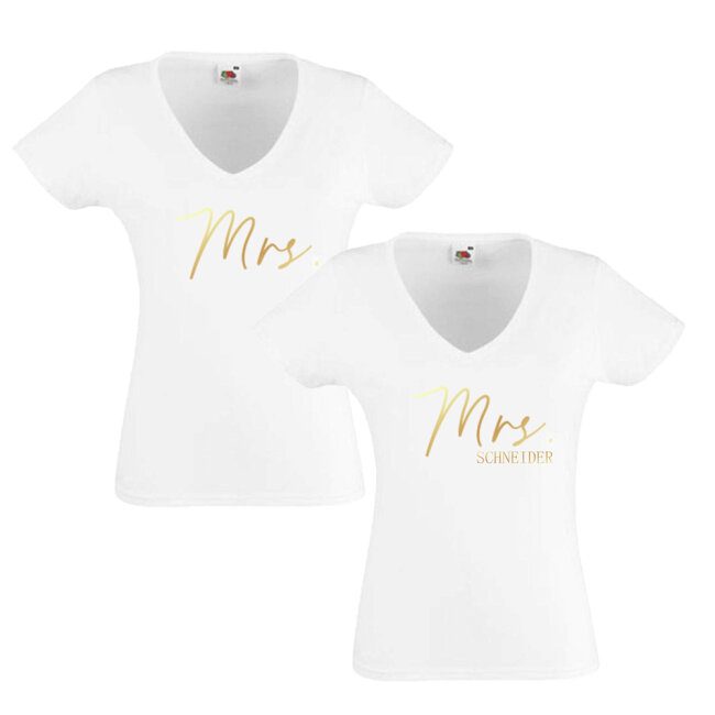 Partner T-Shirts Mrs. &amp; Mrs. mit Namen S (Small) M (Medium) gold