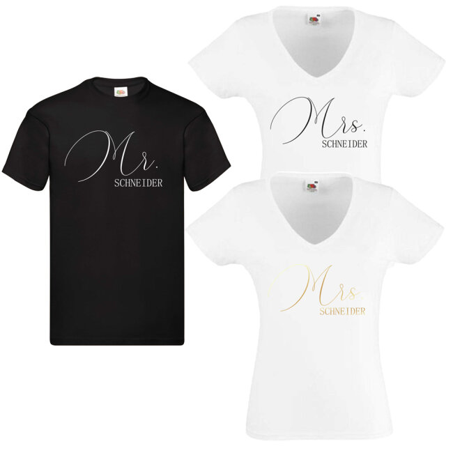 Partner T-Shirts Mrs. &amp; Mr. mit Namen M (Medium) L (Large) schwarz