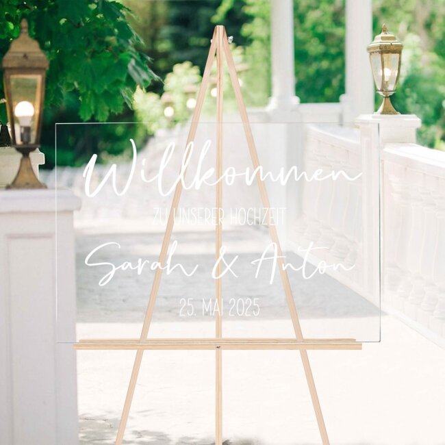 Willkommensschild Hochzeit personalisiert aus Acryl transparent Willkommen zu unserer Hochzeit gold