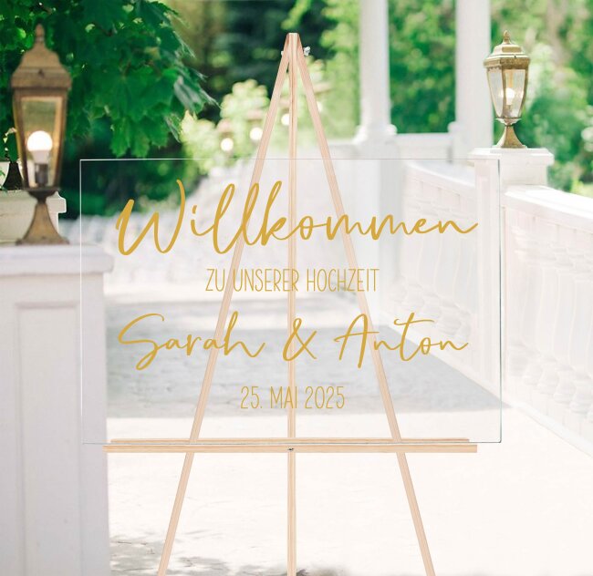 Willkommensschild Hochzeit personalisiert aus Acryl transparent Willkommen zu unserer Hochzeit gold