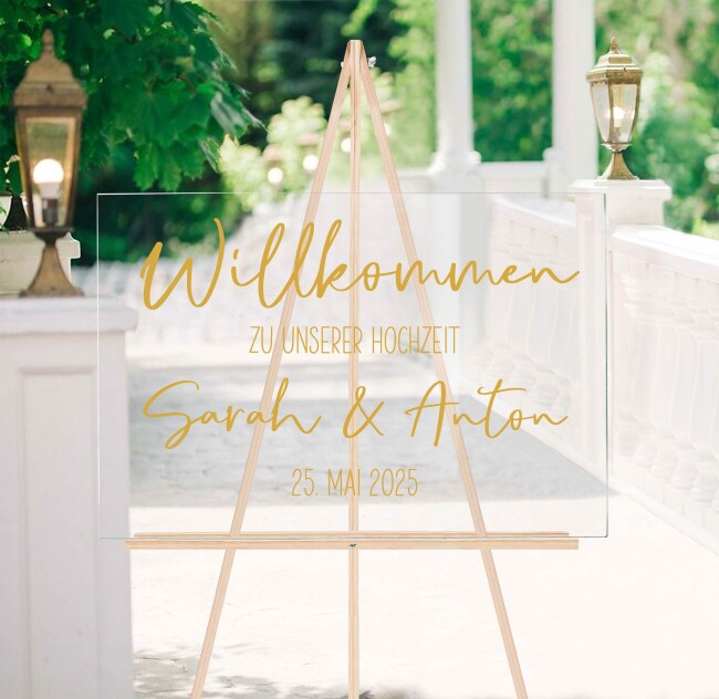 Willkommensschild Hochzeit personalisiert aus Acryl wei&szlig; Willkommen schwarz