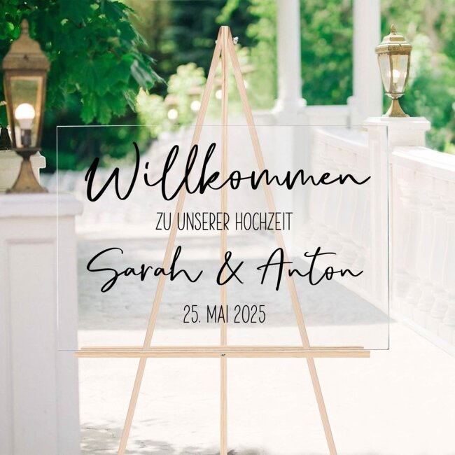 Willkommensschild Hochzeit personalisiert aus Acryl wei&szlig; Welcome schwungvoll wei&szlig;