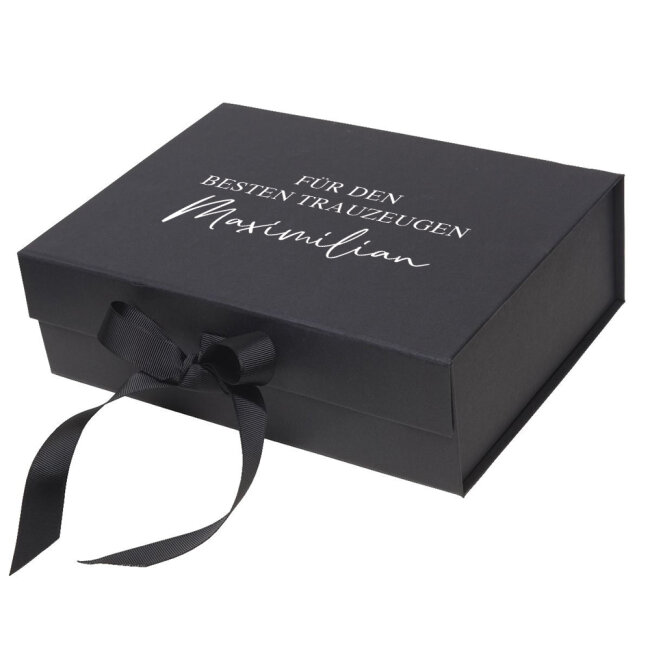 Geschenkbox schwarz personalisiert F&Uuml;R DEN BR&Auml;UTIGAM wei&szlig;