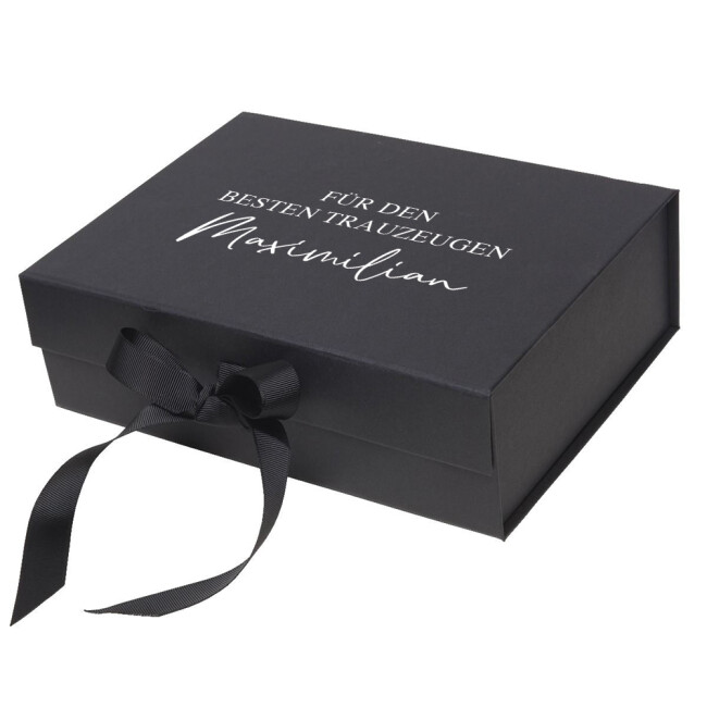 Geschenkbox schwarz personalisiert F&Uuml;R DEN BR&Auml;UTIGAM wei&szlig;