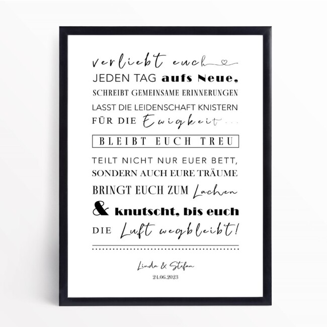Hochzeitsposter personalisiert &quot;verliebt euch&quot; inkl. Bilderrahmen Holz natur