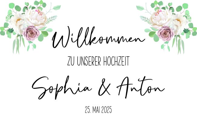 Willkommensposter Hochzeit mit Floralen Elementen DIN A2, personalisiert inkl. Bilderrahmen Holz wei&szlig;