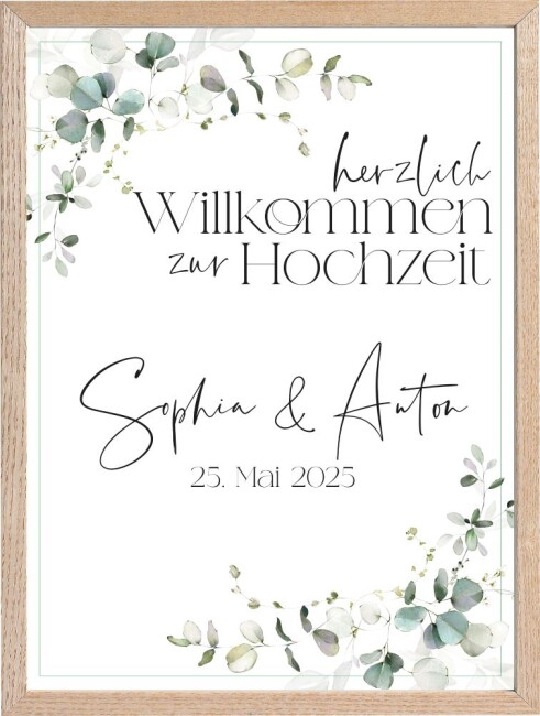 Eukalyptus Hochzeitsposter DIN A2 hoch inkl. Bilderrahmen Holz natur