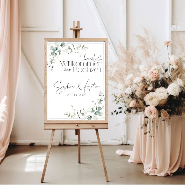 Eukalyptus Hochzeitsposter DIN A2 hoch inkl. Bilderrahmen Holz natur