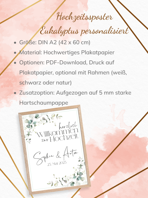Eukalyptus Hochzeitsposter DIN A2 hoch inkl. Bilderrahmen Holz natur