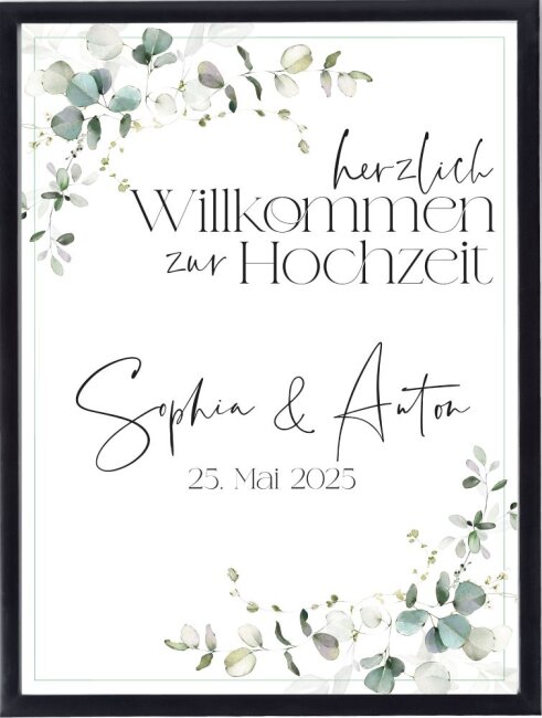 Eukalyptus Hochzeitsposter DIN A2 hoch inkl. Bilderrahmen Holz schwarz