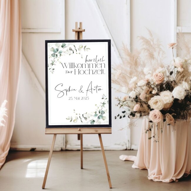 Eukalyptus Hochzeitsposter DIN A2 hoch inkl. Bilderrahmen Holz schwarz