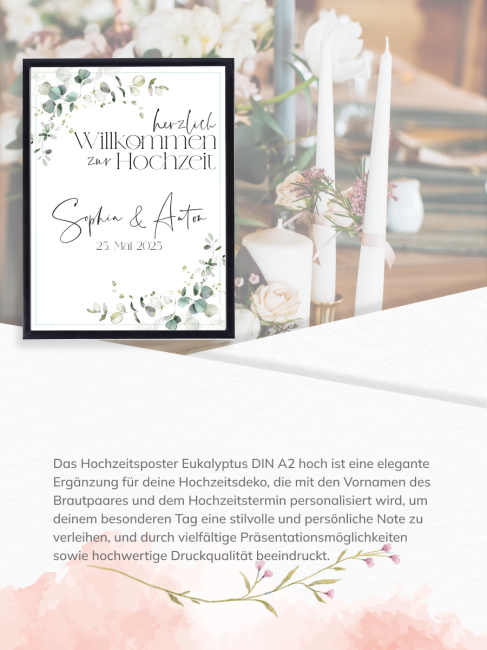 Eukalyptus Hochzeitsposter DIN A2 hoch inkl. Bilderrahmen Holz schwarz