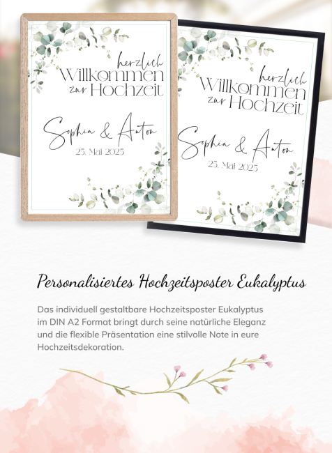 Eukalyptus Hochzeitsposter DIN A2 hoch inkl. Bilderrahmen Holz schwarz