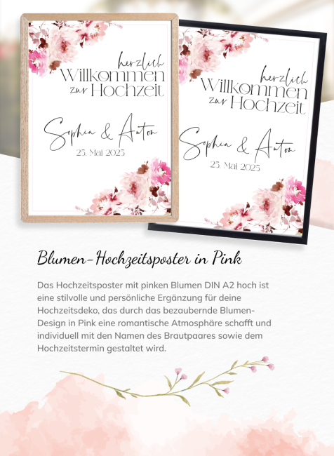 Blumen-Hochzeitsposter Pink DIN A2 hoch Druck A2 (42x60cm)