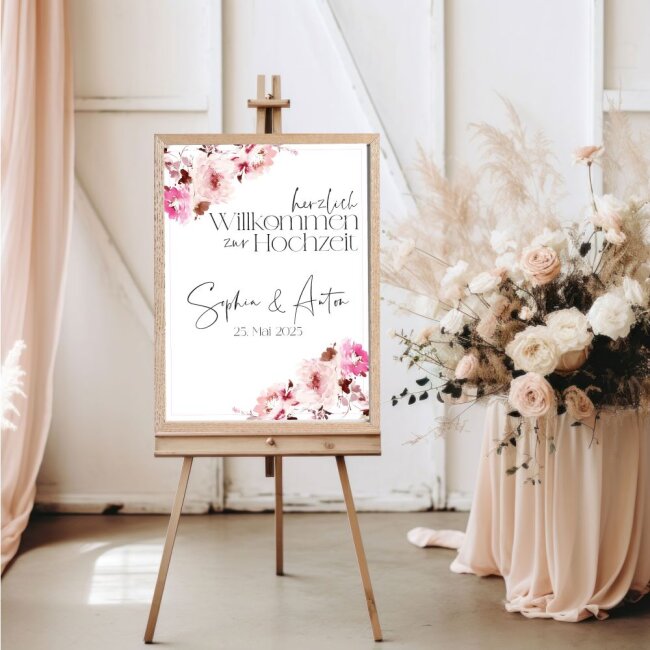 Blumen-Hochzeitsposter Pink DIN A2 hoch inkl. Bilderrahmen Holz natur