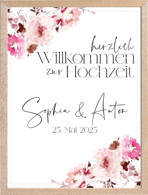 Blumen-Hochzeitsposter Pink DIN A2 hoch inkl. Bilderrahmen Holz natur