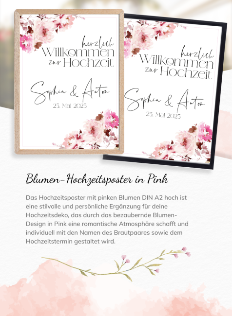 Blumen-Hochzeitsposter Pink DIN A2 hoch inkl. Bilderrahmen Holz natur