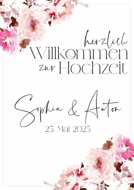 Blumen-Hochzeitsposter Pink DIN A2 hoch inkl. Bilderrahmen Holz natur