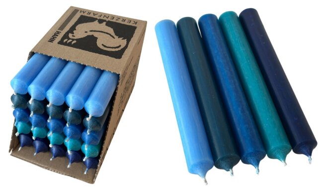 25 Stabkerzen Blau-Mix durchgef&auml;rbt 18 cm/2,2 cm