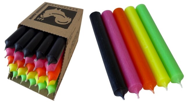 25 Stabkerzen Neon-Mix durchgef&auml;rbt 18 cm/2,2 cm