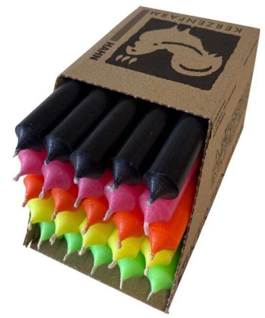 25 Stabkerzen Neon-Mix durchgef&auml;rbt 18 cm/2,2 cm