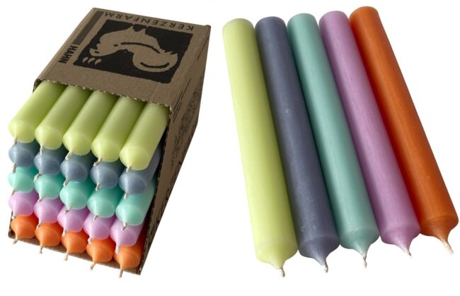25 Stabkerzen Retro Pastell-Mix durchgef&auml;rbt 18 cm/2,2 cm