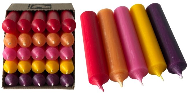 25 kurze Stabkerzen Sommer-Mix durchgef&auml;rbt 10cm &Oslash; 2,2cm