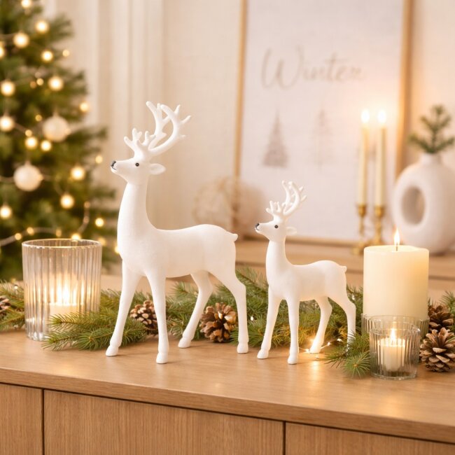 Wei&szlig;e Deko-Hirsche mit Samt &ndash; 2er Set f&uuml;r Weihnachten