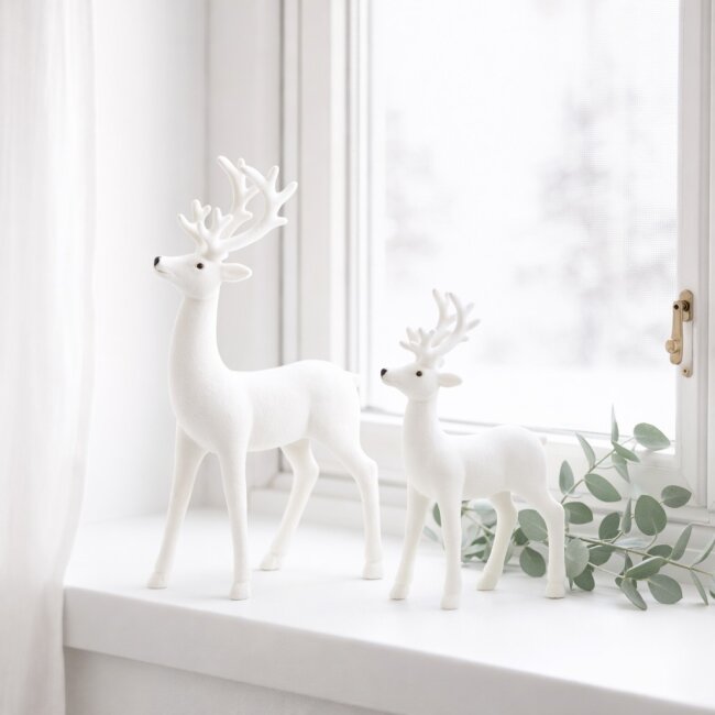 Wei&szlig;e Deko-Hirsche mit Samt &ndash; 2er Set f&uuml;r Weihnachten
