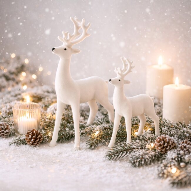 Wei&szlig;e Deko-Hirsche mit Samt &ndash; 2er Set f&uuml;r Weihnachten