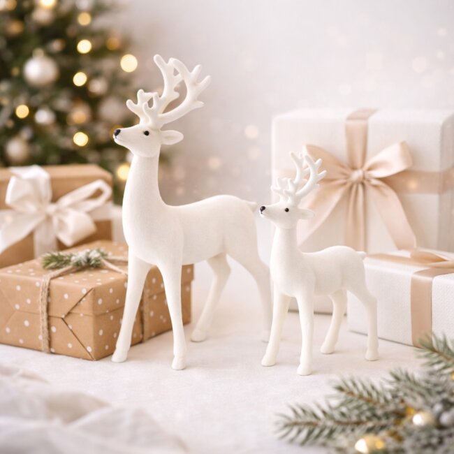 Wei&szlig;e Deko-Hirsche mit Samt &ndash; 2er Set f&uuml;r Weihnachten