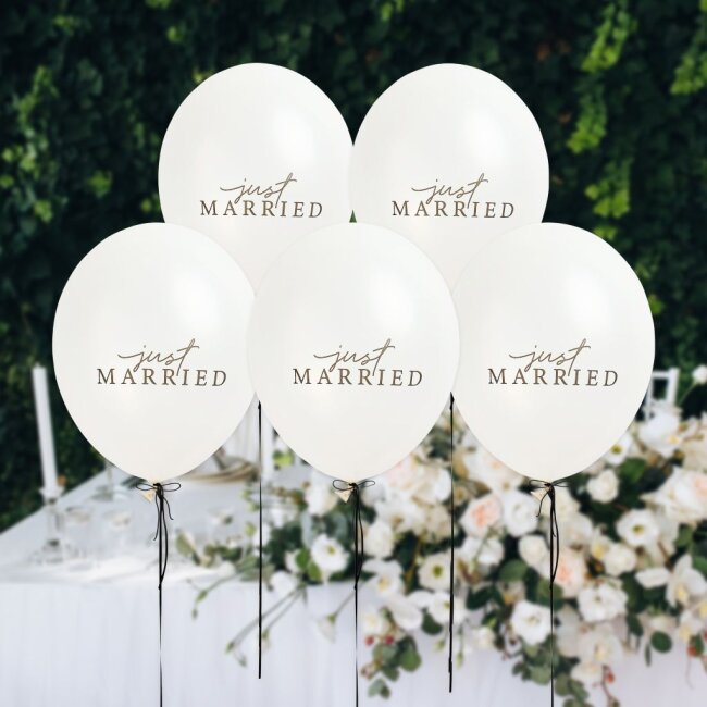 Just Married Luftballons Wei&szlig; 5er Set f&uuml;r Hochzeit