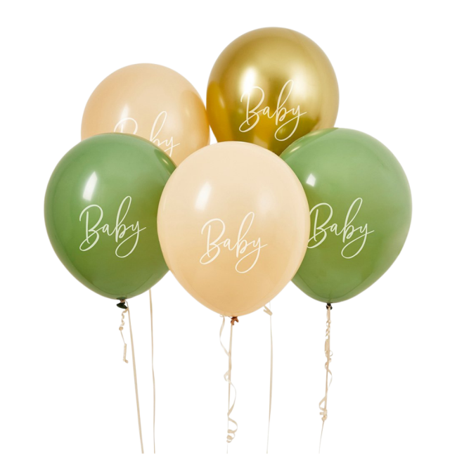 Luftballon-Set &bdquo;Baby&ldquo; 5er Set in Gr&uuml;n, Nude &amp; Gold
