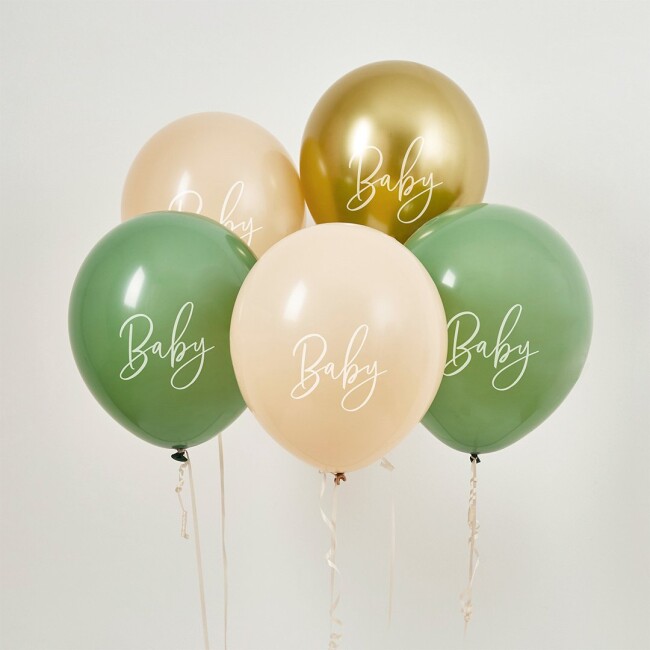 Luftballon-Set &bdquo;Baby&ldquo; 5er Set in Gr&uuml;n, Nude &amp; Gold