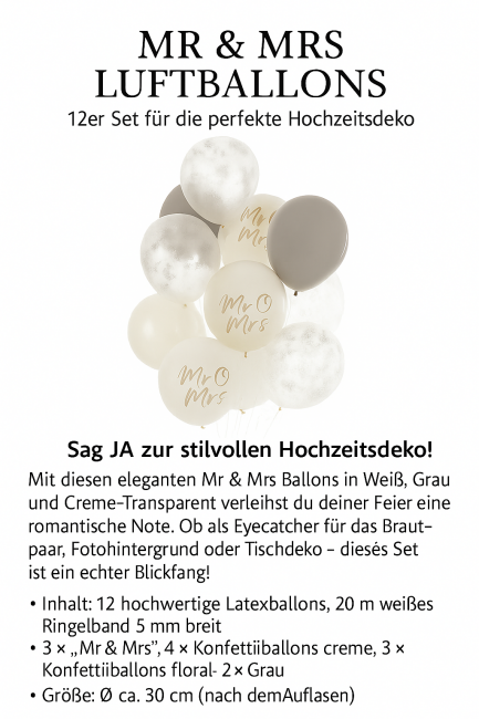 Mr &amp; Mrs Hochzeitsballons 12er Set