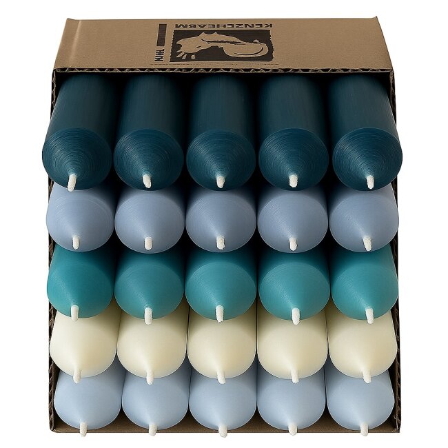 25 kurze Stabkerzen Blau-Mix durchgef&auml;rbt 10cm &Oslash; 2,2cm