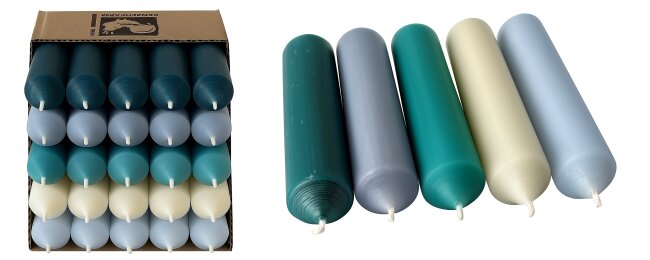 25 kurze Stabkerzen Blau-Mix durchgef&auml;rbt 10cm &Oslash; 2,2cm