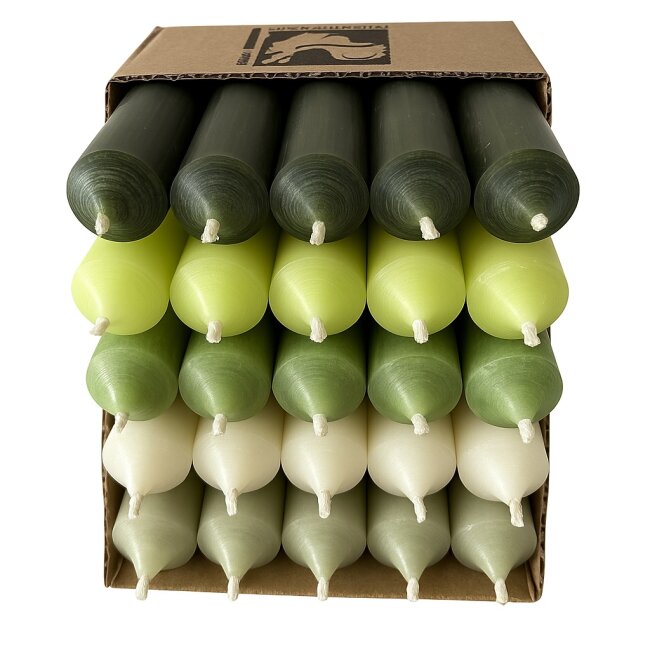 25 kurze Stabkerzen Gr&uuml;n-Mix durchgef&auml;rbt 10cm &Oslash; 2,2cm