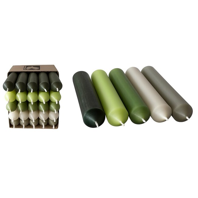 25 kurze Stabkerzen Gr&uuml;n-Mix durchgef&auml;rbt 10cm &Oslash; 2,2cm