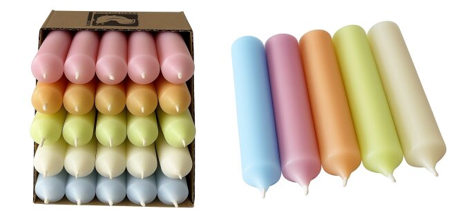 25 kurze Stabkerzen Sommer Pastell-Mix durchgef&auml;rbt 10cm &Oslash; 2,2cm